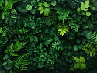 Lush greenery featuring diverse leaves, perfect for nature-themed designs and backgrounds with a vibrant, fresh appearance.