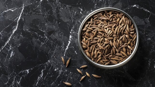 Spice tin of cumin seeds on dark marble background