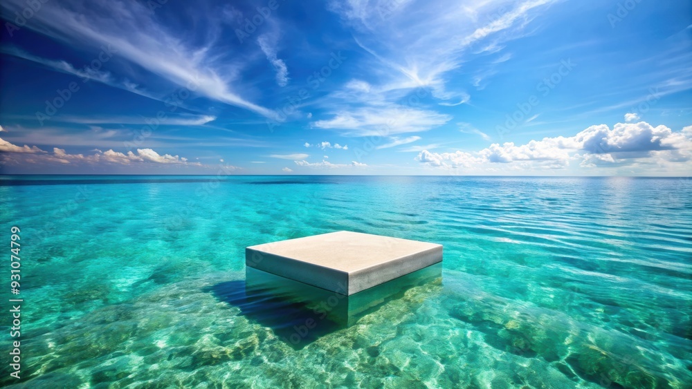 Sticker Empty podium in clear turquoise sea water on island horizon background, podium, wooden, sea, water, island