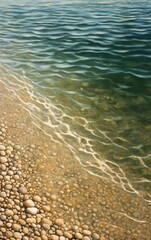 Tranquil water surface reflecting light over smooth pebbles at the shoreline, creating a serene natural landscape.