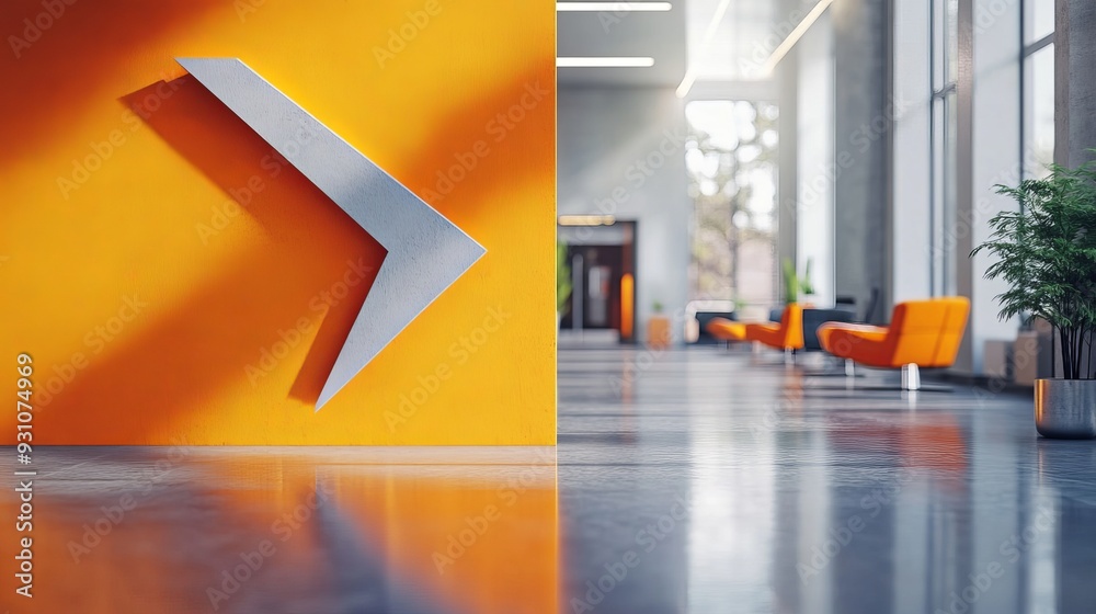 Wall mural Arrows symbolizing success, modern office interior, business growth, 3D illustration