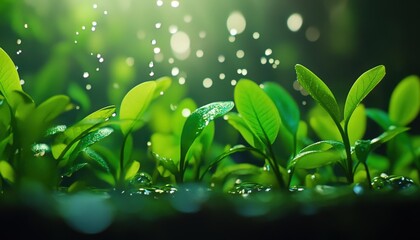Vibrant green leaves glisten with moisture, capturing the essence of nature's beauty in a serene, refreshing environment.