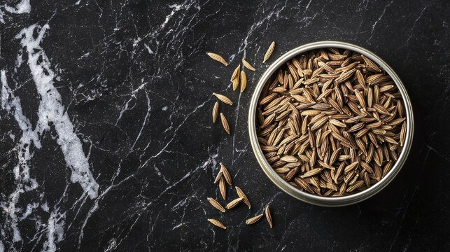 Spice tin of cumin seeds on dark marble background