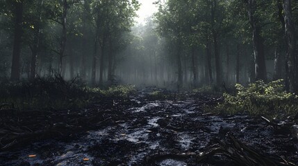 Obraz premium 71. A dark, polluted forest with toxic sludge and dead vegetation scattered around