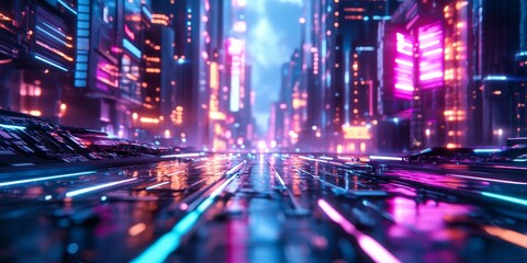 Fototapeta premium Close-up of a sci-fi landscape with neon lights illuminating the streets, advanced tech infrastructure, and dynamic urban elements