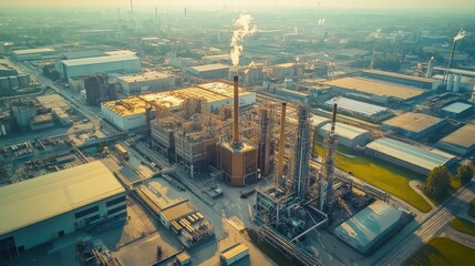 Fototapeta premium Aerial view of a large manufacturing complex with interconnected buildings and machinery.