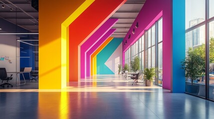 Bright, vibrant arrows ascending, modern office with creative elements symbolizing innovation