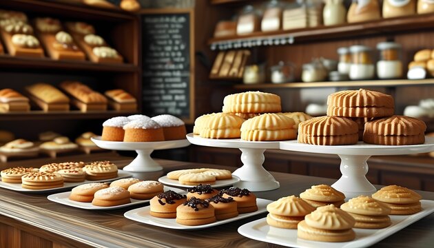 A cozy and inviting bakery interior, with shelves stacked high with fresh bread and pastries. Display cases filled with a variety of beautifully decorated cookies, cakes, and breads.