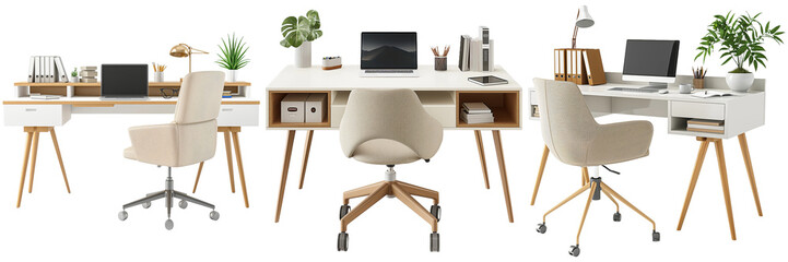 Modern office workspace with stylish desks, ergonomic chairs, and decorative plants for productivity