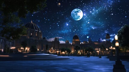 Naklejka premium The vibrant main square of an alien city comes to life with glowing lights under a stunning starry sky and a luminous moon overhead