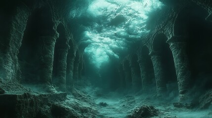Fototapeta premium Design an otherworldly underwater realm for Hallow 242 water, sea, underwater, blue, abstract, ocean, diving, nature, coral, texture, light, reef, sky, art, deep, dark, grunge, cave, green, sun, scuba