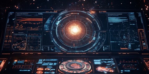 Fototapeta premium Interactive space command interface, showcasing advanced celestial charts, digital readouts, and responsive control panels