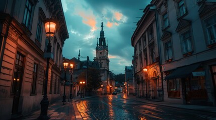 Fototapeta premium Evening Stroll Through a European City