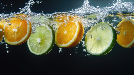 Slices of citrus fruits like orange, lemon, and lime falling into water, creating beautiful underwater patterns