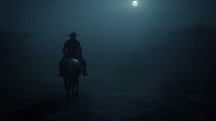 A ghostly cowboy figure riding a skeletal horse through a foggy Wild West town at night 