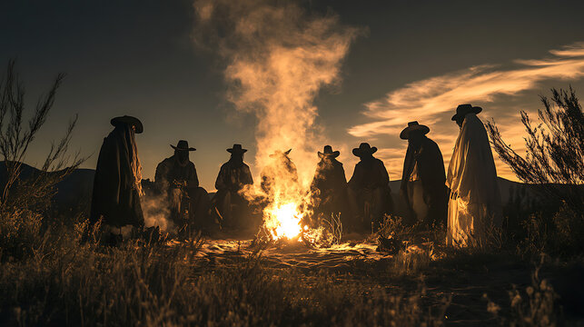 A group of eerie, ghostly figures dressed as cowboys and outlaws gathered around a campfire in the desert 