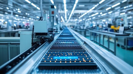 Fototapeta premium Assembly line producing electronic devices in a modern, clean manufacturing plant.