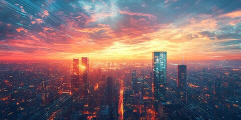 Fototapeta premium A high-tech cityscape with glowing skyscrapers, advanced transportation systems, and dynamic energy grids under a vibrant, futuristic sky