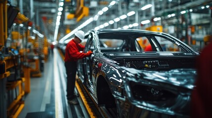Obraz premium Assembly line workers overseeing automated systems in a high-efficiency manufacturing plant.