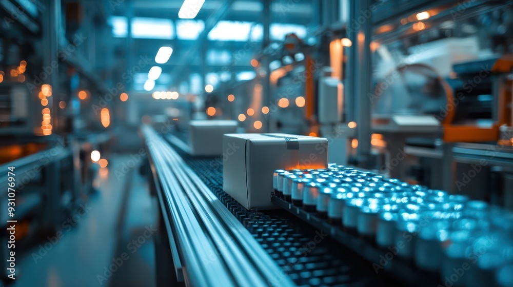 Poster a conveyor belt with boxes and cans on it