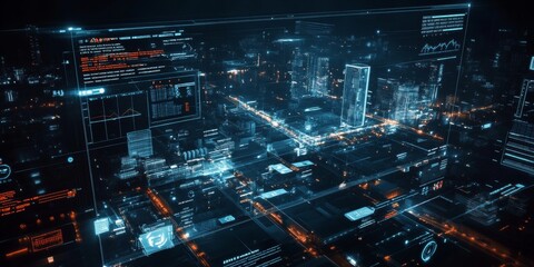 A modern urban UI with tech-driven innovation, showcasing dynamic city layouts, real-time data visualization, and interactive control panels