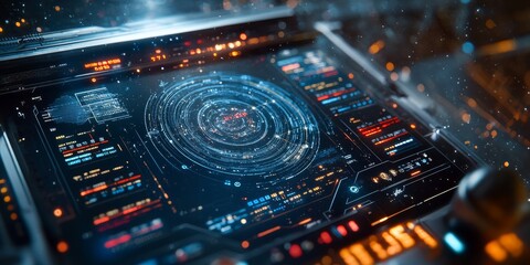 Obraz premium Futuristic space navigation screen with dynamic star grids, holographic data points, and real-time planetary tracking controls