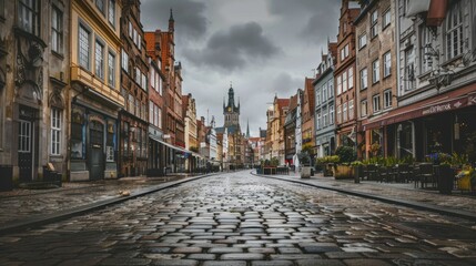 Obraz premium A city street with gray cobblestones, lined with historic buildings under a cloudy sky