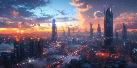 Fototapeta premium A high-tech cityscape with glowing skyscrapers, advanced transportation systems, and dynamic energy grids under a vibrant, futuristic sky