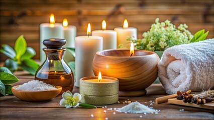 Aromatherapy spa set up with essential oil diffuser, Epsom salt, towels, candles, and aroma oil, Aromatherapy