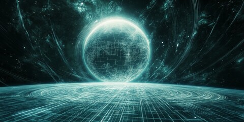 Fototapeta premium High-tech, artificial planet surrounded by ethereal rings of light, with energy grids and digital patterns etched on its surface