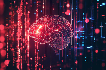 The brain and technology. neon colors, lines and dots.