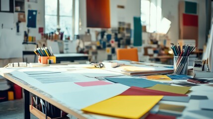 An empty white creative studio with colorful design swatches and sketches scattered across a table, highlighting the potential for creativity.