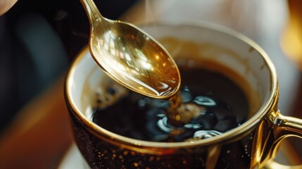 A close-up of a gold spoon stirring a cup of rich, dark coffee, adding a touch of elegance