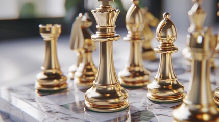 A close-up of a gold-plated chess set on a marble board, ready for a strategic game