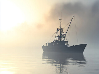 Naklejka premium Lonely fishing boat on foggy waters at dawn.