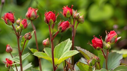 Red Flower Buds in Green Bush