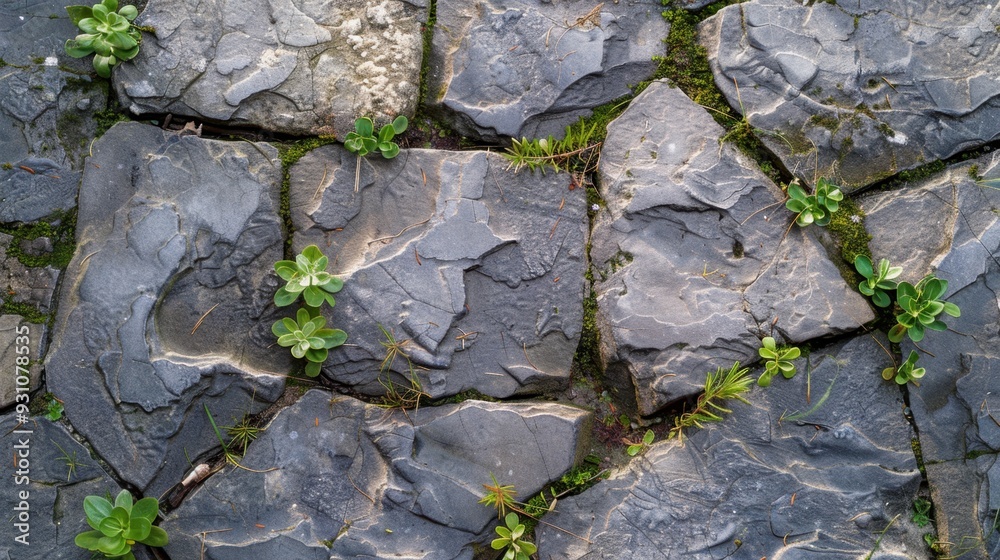 Wall mural A close-up of a gray stone pathway, with small plants growing between the cracks