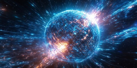 Fototapeta premium A spherical object in space, merging advanced technology and celestial energy, with radiant beams connecting it to distant stars