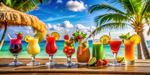 Colorful cocktails and fresh juices on a tropical beach bar counter, cocktails, drinks, beverages, tropical, beach, bar