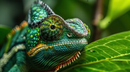 A close-up of a green chameleon blending into its environment, showing its adaptive colors