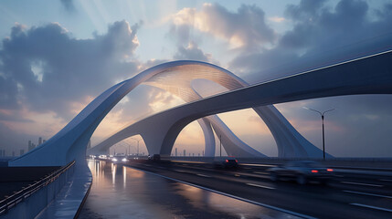 Obraz premium Arch bridge in doha, qatar on the lusail highway intersection