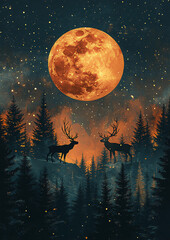 Vector illustration of a Christmas night with reindeer pulling a sleigh under a glowing moon, green pine trees below, and falling snow.