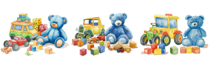 Collection of colorful children's toys including teddy bears, trucks, and building blocks, ideal for playful decoration