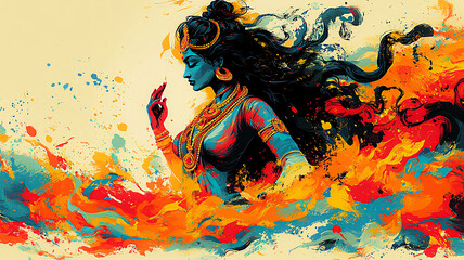Abstract illustration of Durga slaying Mahishasura, symbolizing the triumph of good over evil, with vibrant colors.