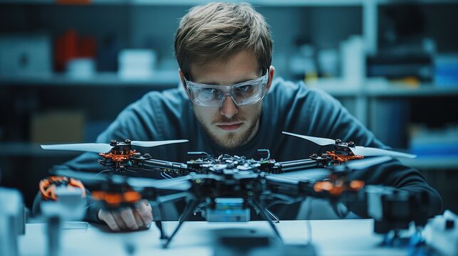 Aerospace engineer assembling a prototype drone in a research lab, focusing on innovation and precision.