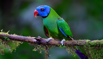 Obraz premium Blue-naped parrot, Tanygnathus lucionensis, colorful parrot, native to Philippines. Green parrot with red beak and light blue rear crown sitting on twig isolated against dark green jungle background.