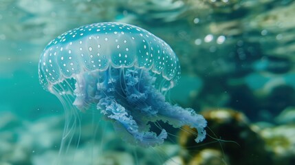 A close-up of a light blue jellyfish floating gracefully in clear water