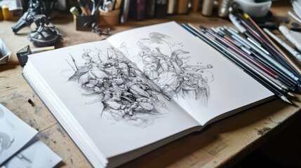 An open white sketchbook with the first few lines of a design, showing the transformation from a blank page to a detailed illustration.