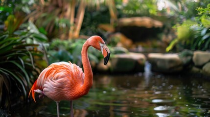 Fototapeta premium A close-up of a pink flamingo standing gracefully in a tranquil pond
