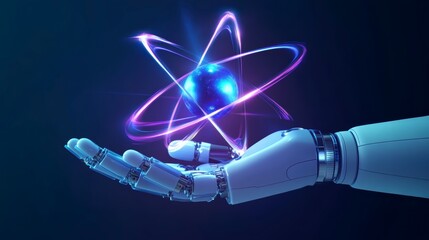 AI generates nuclear energy. A futuristic robot arm holds an atom with a neon glow